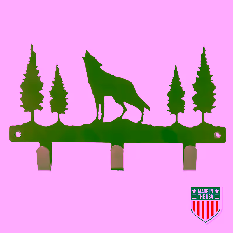Rustic Wall-Mounted Coat Rack with Wolf and Tree Silhouette – Durable Metal Organizer with 3 Hooks for Coats, Keys, and Hats, Perfect for Entryways, Mudrooms, and Cabin Decor