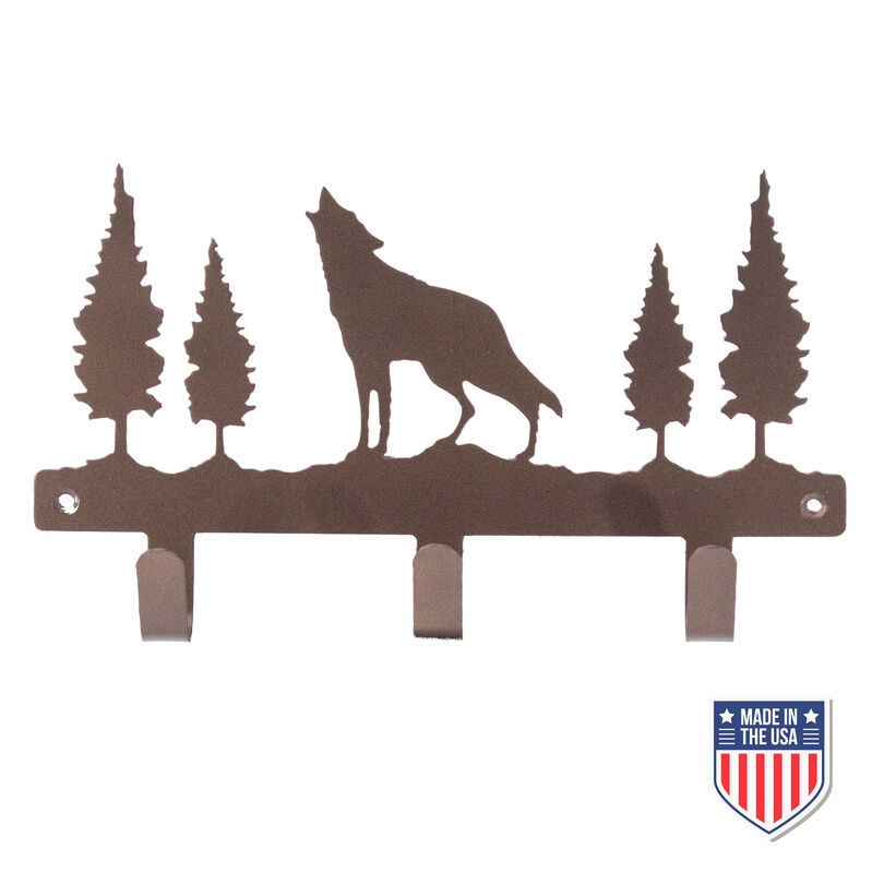 Rustic Wall-Mounted Coat Rack with Wolf and Tree Silhouette – Durable Metal Organizer with 3 Hooks for Coats, Keys, and Hats, Perfect for Entryways, Mudrooms, and Cabin Decor