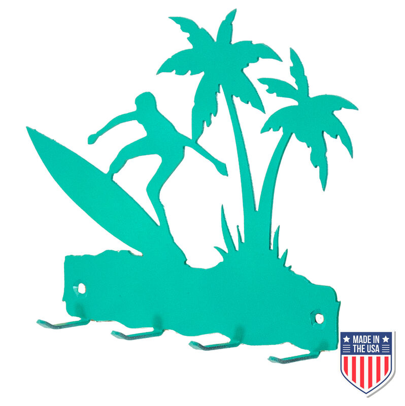 Tropical Surfer Key Rack – Wall-Mounted Metal Organizer with Palm Tree Design, Teal Finish, Compact Hooks for Beach House Decor and Gifts