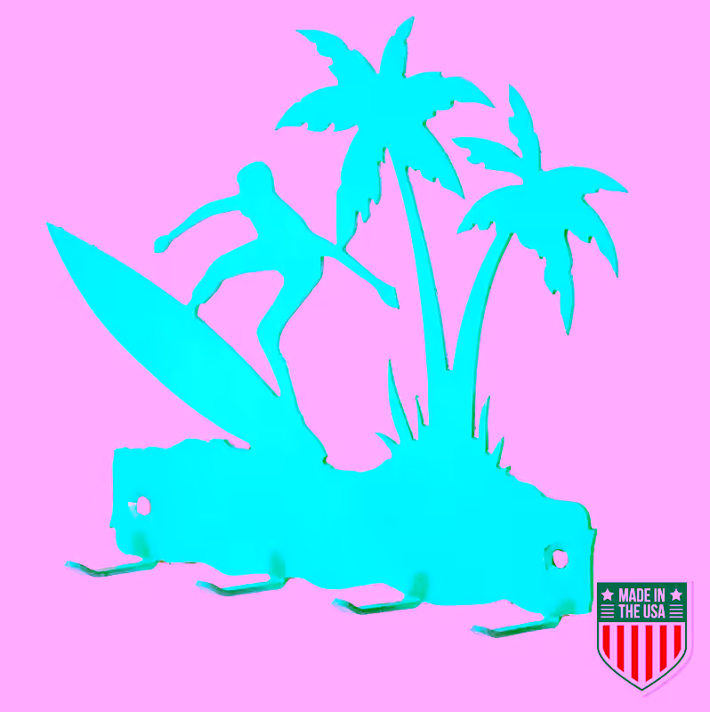 Tropical Surfer Key Rack – Wall-Mounted Metal Organizer with Palm Tree Design, Teal Finish, Compact Hooks for Beach House Decor and Gifts