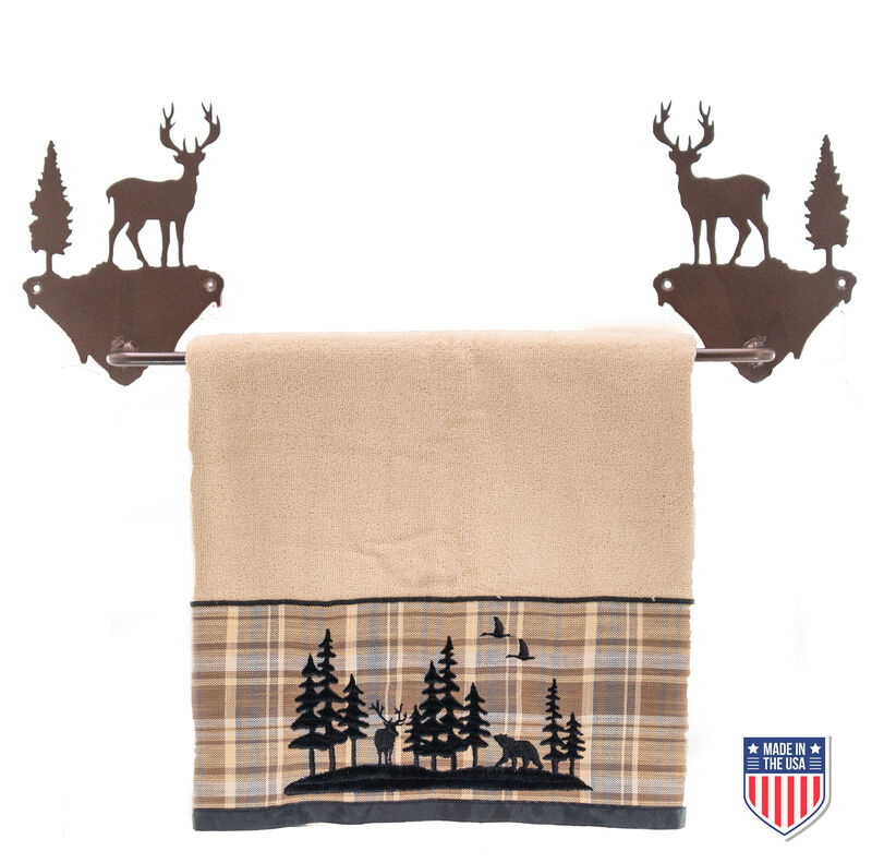 Rustic Wall Mounted Towel Rack with Deer and Tree Design – Wildlife-Inspired Metal Holder for Nature-Themed Bathroom or Cabin Decor, 24-Inch Size