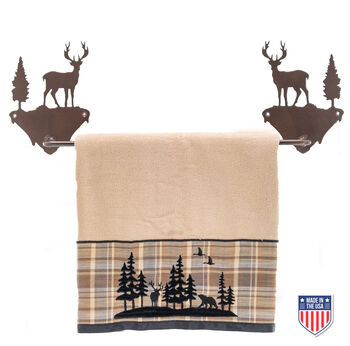 Rustic Wall Mounted Towel Rack with Deer and Tree Design – Wildlife-Inspired Metal Holder for Nature-Themed Bathroom or Cabin Decor, 24-Inch Size