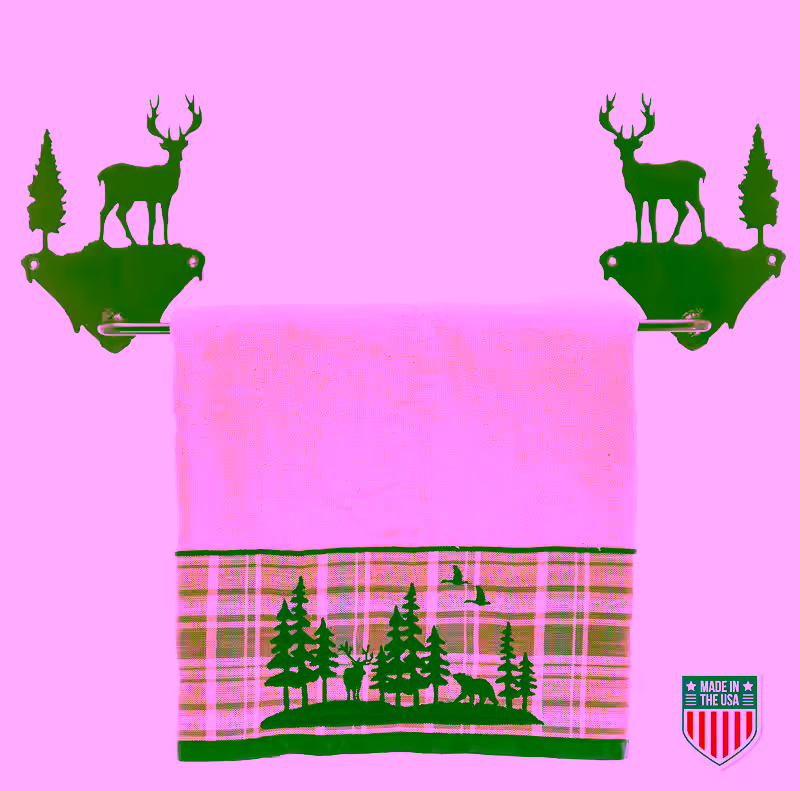 Rustic Wall Mounted Towel Rack with Deer and Tree Design – Wildlife-Inspired Metal Holder for Nature-Themed Bathroom or Cabin Decor, 24-Inch Size