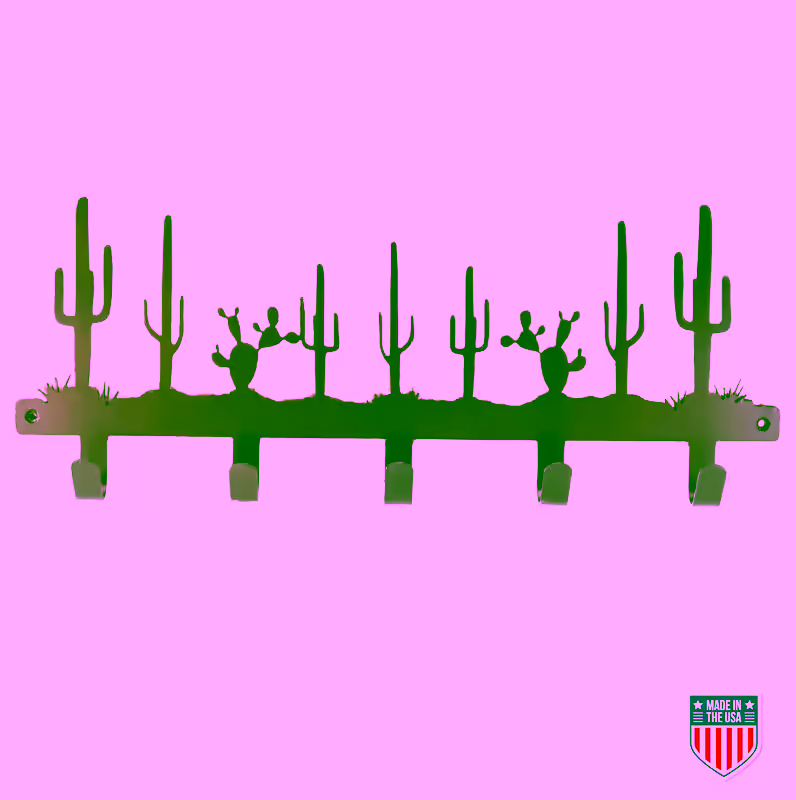 Rustic Cactus Design Wall-Mounted Coat Rack – 5 Hooks for Entryway, Mudroom, or Southwestern Home Decor