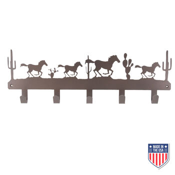Rustic Wall-Mounted Coat Rack – Western Metal Organizer with Horse and Cactus Silhouette, Decorative Hooks for Entryway, Mudroom, or Hallway, 20-Inch Durable Design