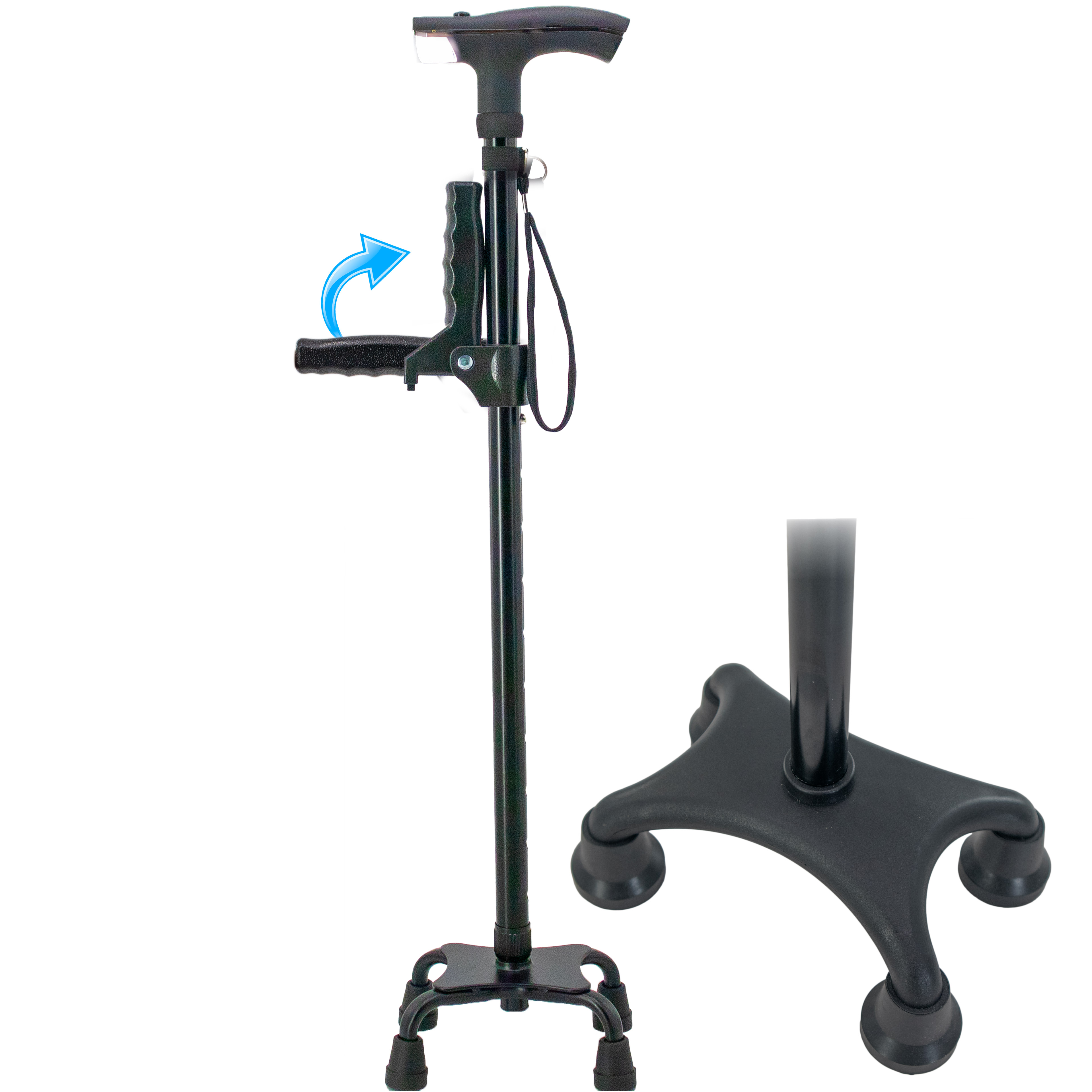 Quad Cane Walking Stick with Ergonomic Handle & Adjustable for Seniors – Stable Anti-Slip Base, Height Adjustable 27-39” with Retractable Support Handle, Durable Mobility Aid for Balance and Confidence