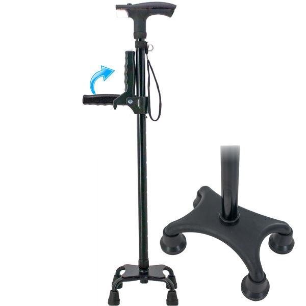 Quad Cane Walking Stick with Ergonomic Handle & Adjustable for Seniors – Stable Anti-Slip Base, Height Adjustable 27-39” with Retractable Support Handle, Durable Mobility Aid for Balance and Confidence