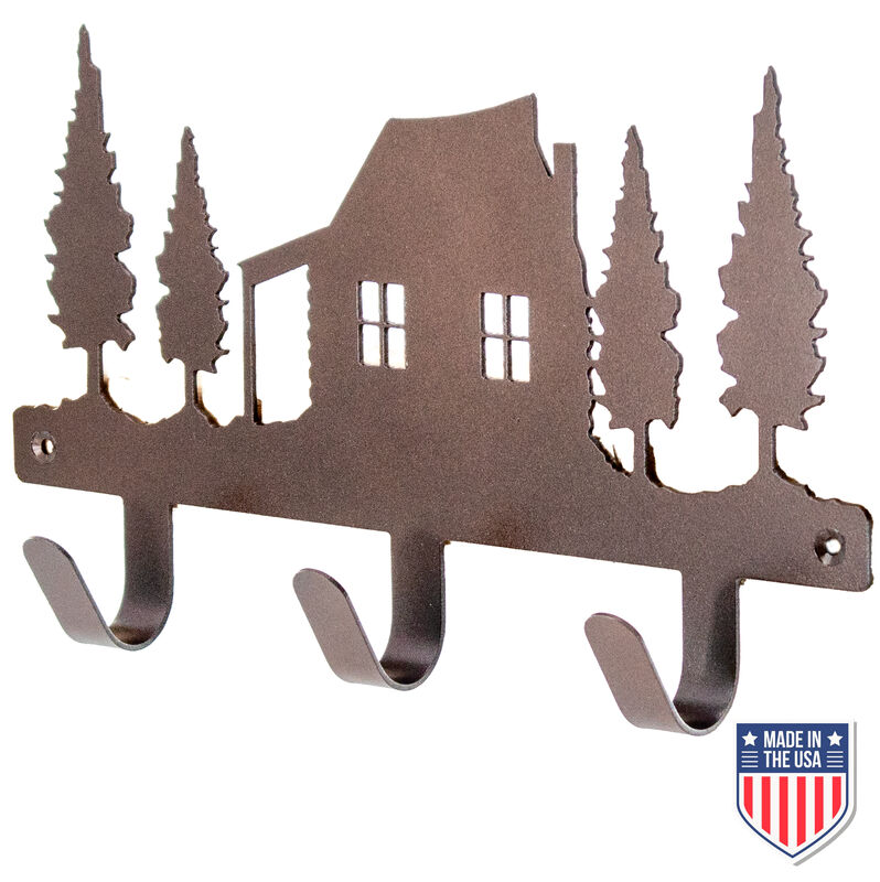 Rustic Metal Wall Hook Rack – 3 Hooks with Pine Tree Cabin Silhouette, Matte Bronze Entryway Organizer