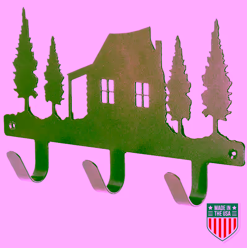 Rustic Metal Wall Hook Rack – 3 Hooks with Pine Tree Cabin Silhouette, Matte Bronze Entryway Organizer