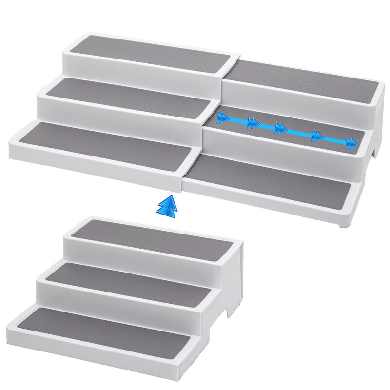 Spice Rack Organizer 3-Tier Adjustable Expandable Step Shelf – Non-Slip Kitchen, Pantry & Cabinet Storage 9.5 to 17.5", White/Grey