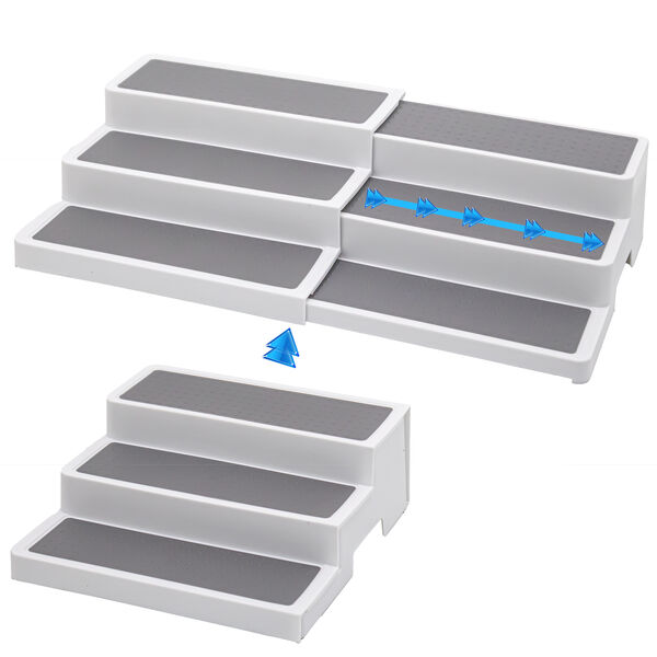 Spice Rack Organizer 3-Tier Adjustable Expandable Step Shelf – Non-Slip Kitchen, Pantry & Cabinet Storage 9.5 to 17.5", White/Grey