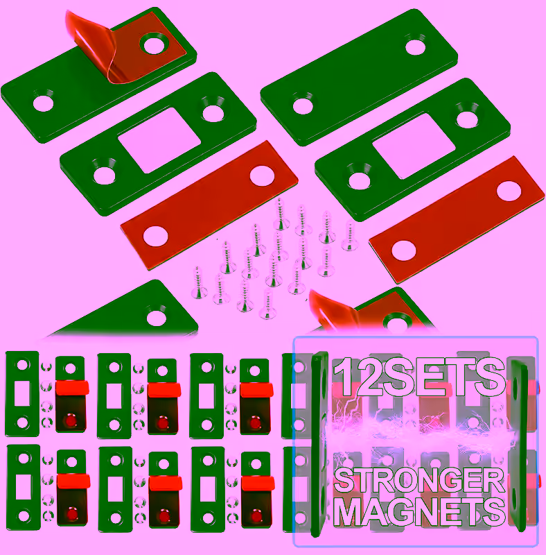 Ultra-Thin Magnetic Cabinet Catch (12pc) - Strong Stainless Steel Door Latch with Adhesive & Screw Installation for Drawers, Closets, and Furniture