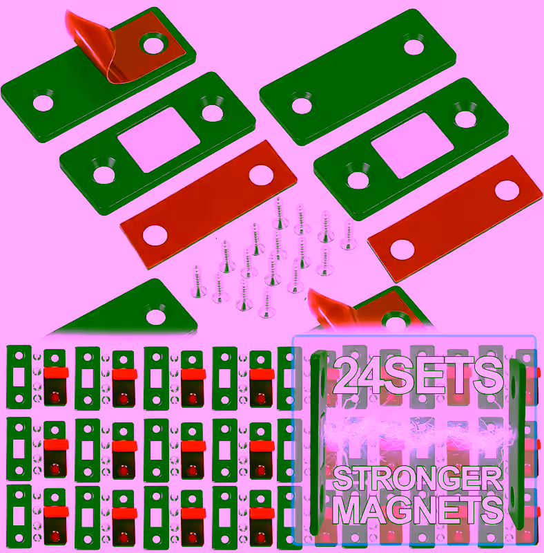 Ultra-Thin Magnetic Cabinet Catch (24pc) - Strong Stainless Steel Door Latch with Adhesive & Screw Installation for Drawers, Closets, and Furniture
