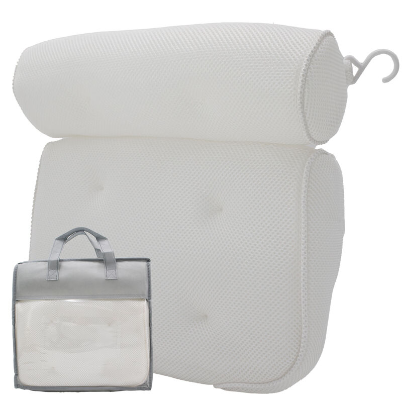 Bath Pillow for Tub – Ergonomic Dual-Roll Headrest with Breathable 3D/4D Mesh, 6 Suction Cups, Machine Washable Cover, Integrated Hook and Carry Bag — 2.4" Cup Diameter & Quick-Dry Mesh for Home & Travel