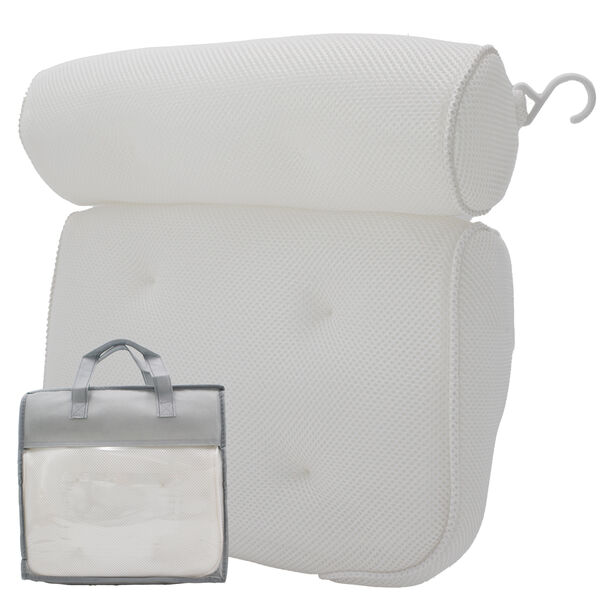 Bath Pillow for Tub – Ergonomic Dual-Roll Headrest with Breathable 3D/4D Mesh, 6 Suction Cups, Machine Washable Cover, Integrated Hook and Carry Bag — 2.4" Cup Diameter & Quick-Dry Mesh for Home & Travel