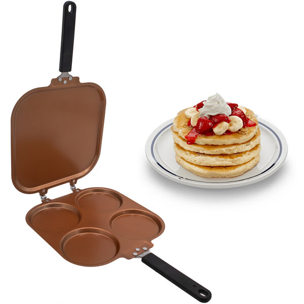 Pancake Pan 4 Mold Flip - Copper Dual-Sided Griddle, Nonstick and Reinforced Hinges, with 4 3/8" Mold Diameter and 6" Handle, Compact Fold Flat Storage for RVs, Small Kitchens & Apartments