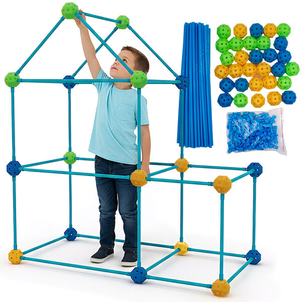 Kids Fort Building Kit – 360° Connectors for STEM Learning with BPA-Free Plastic, 48 Tubes 31 Balls 90 Clips for Tents & Forts, Kids All Ages