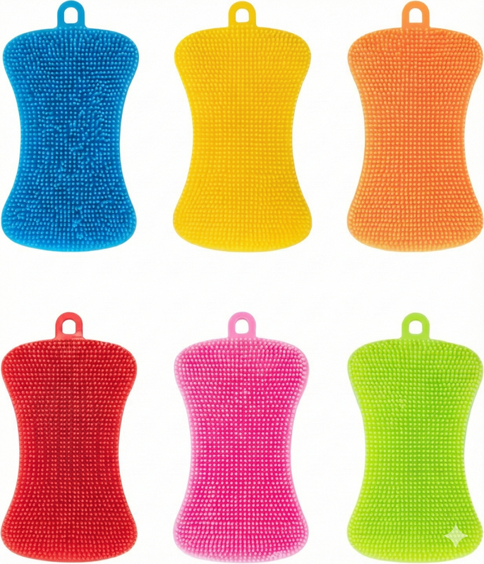 Silicone Dish Sponge 6 Pack – Double-Sided Bristles Reusable Scrubber with Hanging Hole, High Temperature Resistant for Dishes Fruits Vegetables Cleaning