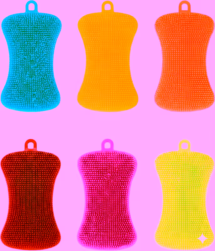 Silicone Dish Sponge 6 Pack – Double-Sided Bristles Reusable Scrubber with Hanging Hole, High Temperature Resistant for Dishes Fruits Vegetables Cleaning