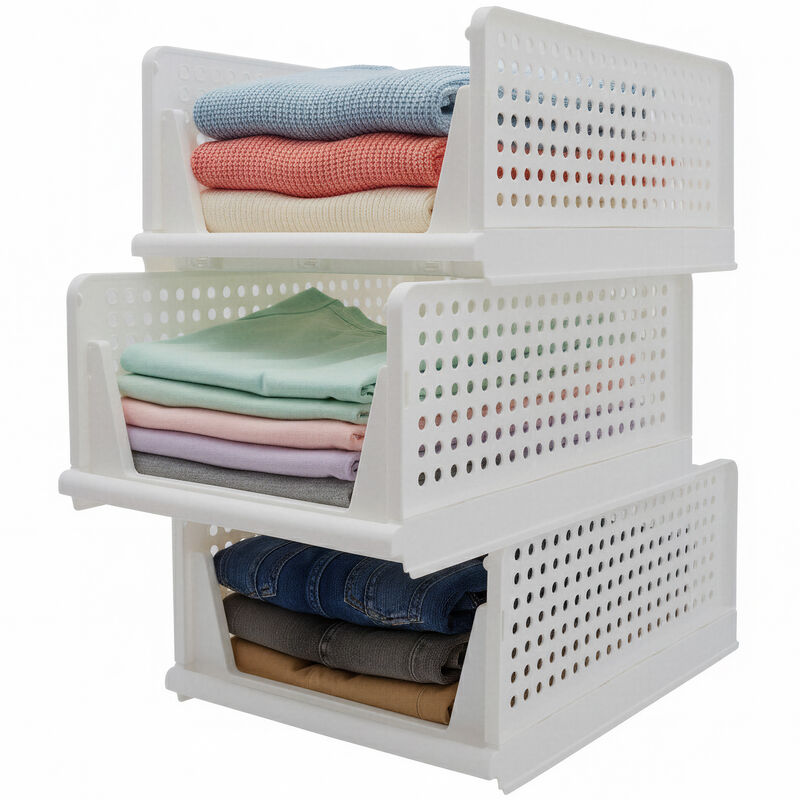 Stackable Closet Storage Shelf – Slidable & Ventilated Carts for Easy Access w/ Durable White Plastic, 3-Piece Set for Closet Organization of Clothes Shoes and Towels