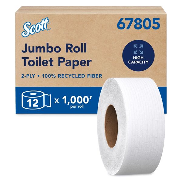Scott Universal Jumbo Roll Toilet Paper 2-Ply 100% Recycled 1000 ft Unperforated 12 Rolls