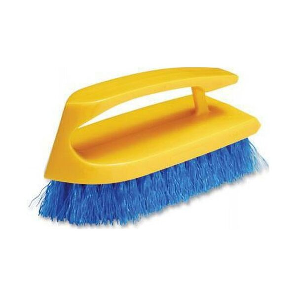 Iron Style Scrub Brush with Yellow Handle and Blue Polypropylene Bristles for Grout Tile and Floor Cleaning - Ergonomic Grip with Corner Access