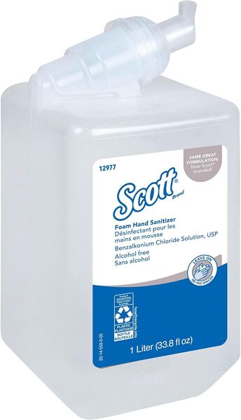 Scott Essential Alcohol-Free Foam Hand Sanitizer 1000 mL Cassette Refill Unscented No-Rinse Benzalkonium Chloride Compatible with Kimberly-Clark Dispensers 6 Pack