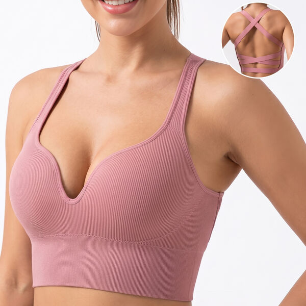 Wireless Sports Bra for Women - Seamless Ribbed Yoga Bralette with Crisscross Strappy Back, Padded Cups, Breathable Micro-Mesh Lining and Soft Binding - Dusty Rose