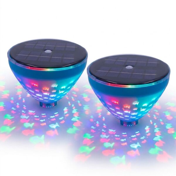 Solar Floating Pool Light with Fish Projection Color Changing - 2pc - Solar Powered IP68 Waterproof LED for Pool Pond Hot Tub Bathtub Fountain, 5.35 Inch EVA Foam Design