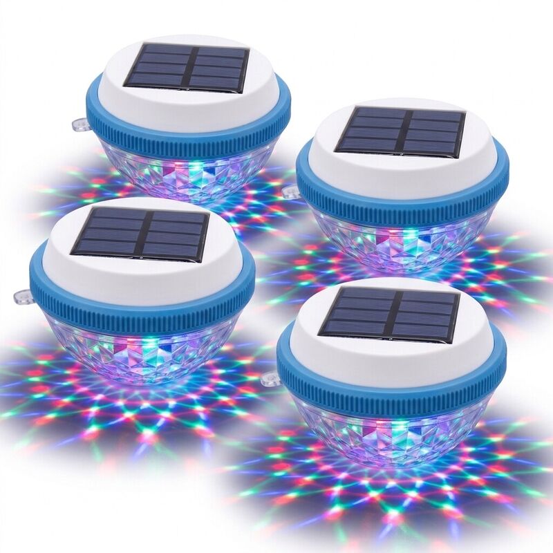 Solar Floating Pool Light RGB Color - 4pc - Changing IP68 Waterproof with Diamond-Cut Lens Disco Ball Effect Solar Powered Floats or Submerges for Pools Ponds Hot Tubs