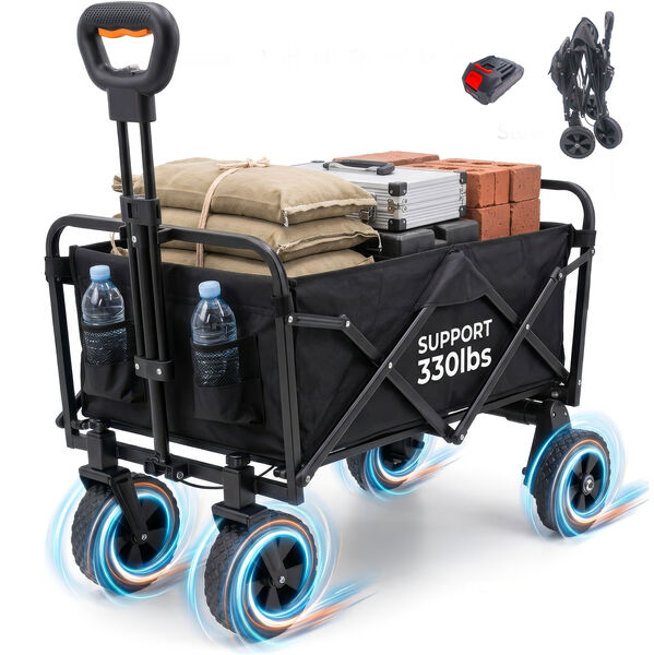 Electric Folding Cart Wagon 330lb - Motorized Power Assist Cart with 24V Detachable Battery, All-Terrain Wheels, One-Pull Fold to 7 Inches, Auto-Return Handle for Beach Camping Garden