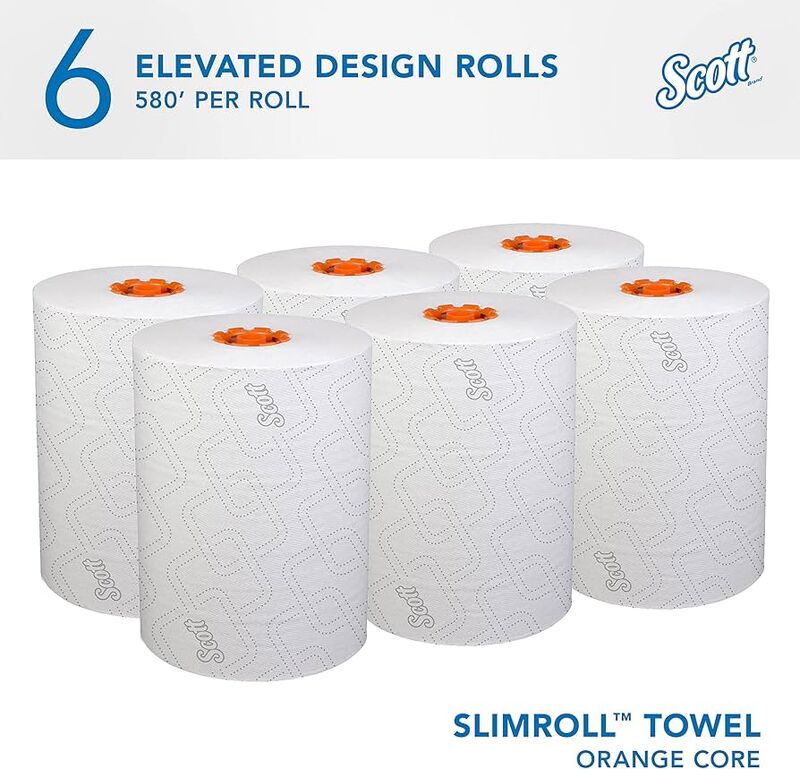 Scott Slimroll Roll Paper Towels with Orange Core, 6 Pack - 580 Feet Per Roll - Fast Drying
