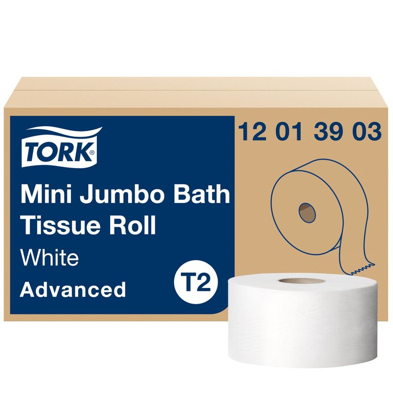 Tork Advanced White Mini Jumbo Bath Tissue Roll - Case of 12 Rolls (White, 1-Ply)