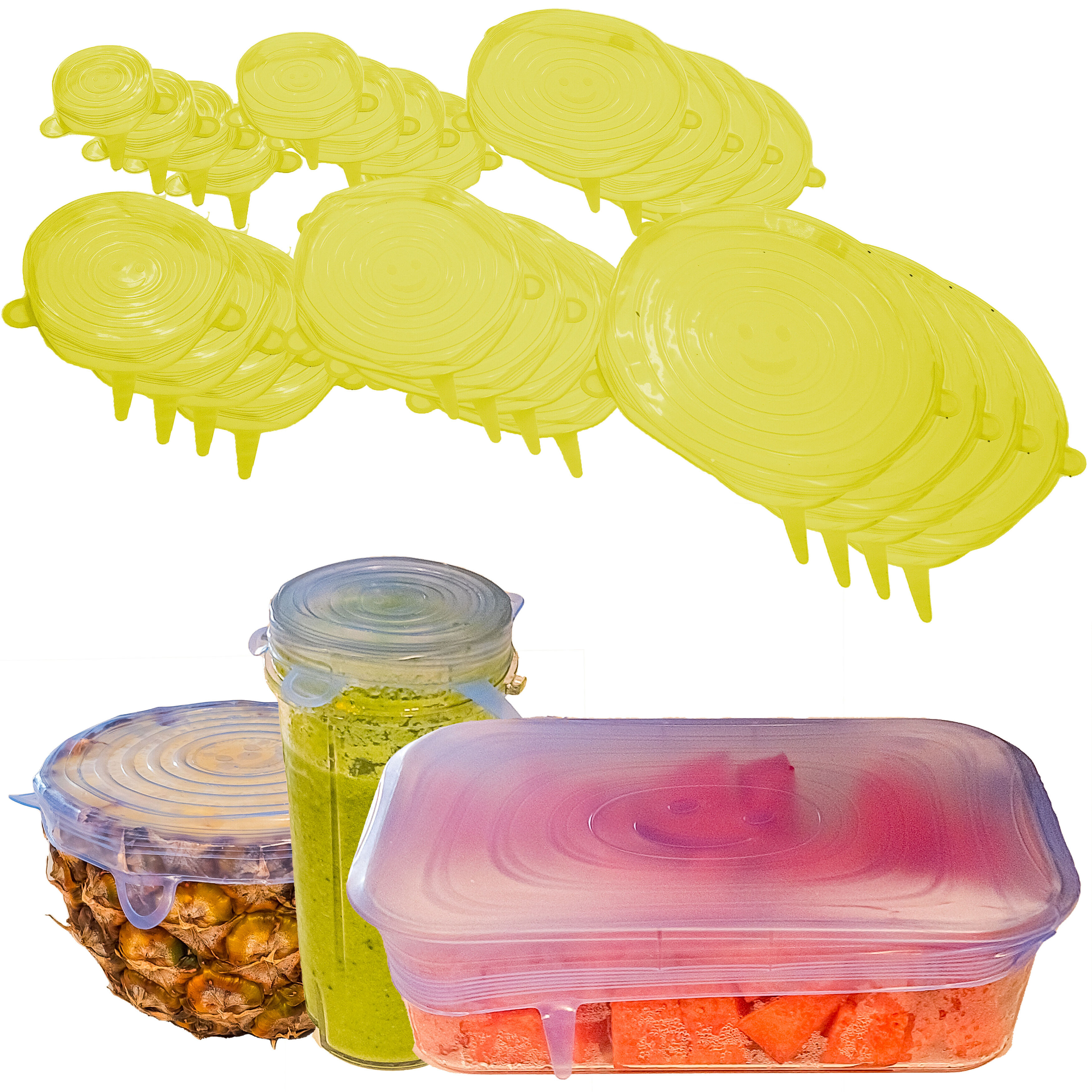 Silicone Stretch Food Lids 24 Pack - Reusable Leak-Proof Containers Covers for Fresh Food Storage & Plastic Containers, Jars, Bins, Cups & Mason Bowls - Yellow