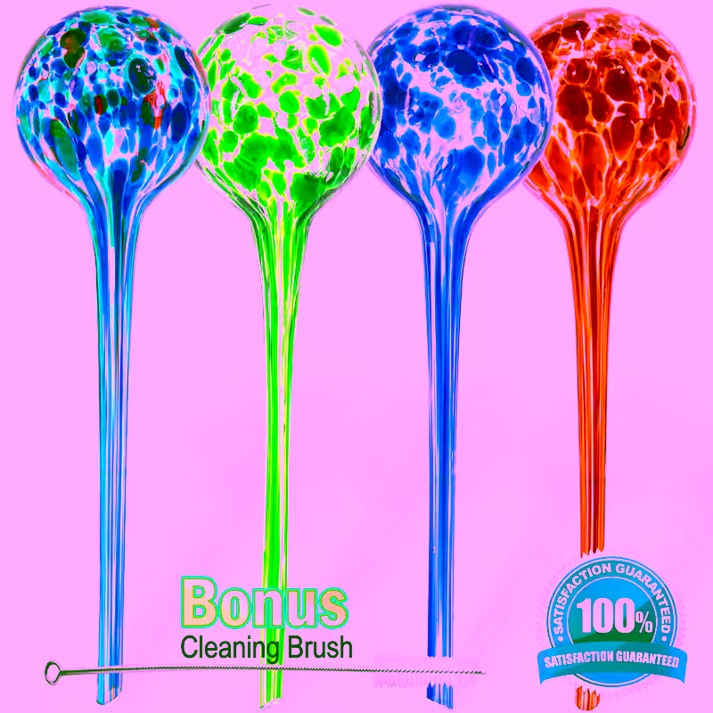 Large Aqua Glass Plant Watering Globes - Automatic Self Watering System Insert Spikes - Indoor/Outdoor Plant Drip Irrigation - Easy Plant Care for Potted Flowers, Herbs, and Houseplants - 20z 4pc Set - Multicolor.